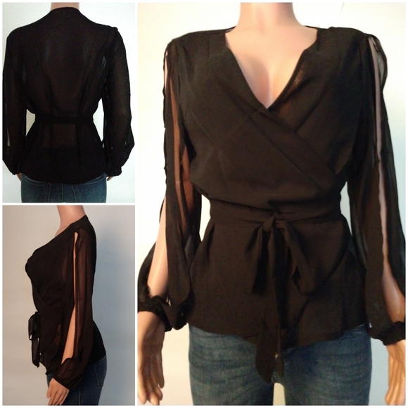 V-Neck, wrapped, sheer blouse with slit sleeves. - Picture 2 of 4